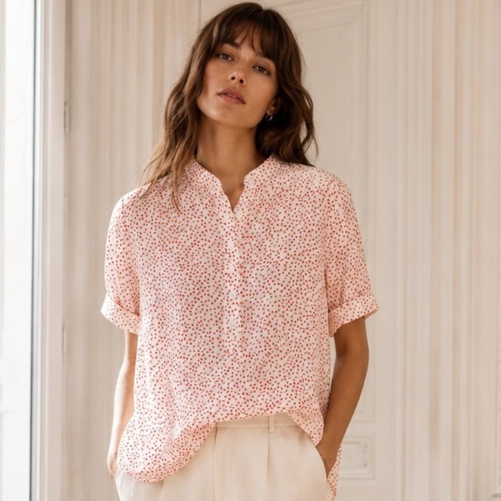 A.P.C Red Lip Bean Printed Silk Blouse Short Sleeve Button Down Size Small